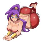  1girl ass bare_shoulders blue_eyes breasts collarbone earrings highres huge_ass jewelry large_breasts looking_at_viewer purple_hair shantae shantae_(series) simple_background smile solo ytrall 