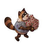  2024 anthro biped clothing flower hxboox03 male mammal plant procyonid raccoon rascal_(robot_dreams) red_nose robot_dreams shirt simple_background slightly_chubby smile solo topwear white_background 
