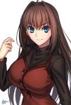  1girl ahoge aozaki_aoko artist_name black_sweater brown_hair buttons closed_mouth commentary_request dress hair_between_eyes hair_intakes kotera_ryou long_hair looking_at_viewer mahou_tsukai_no_yoru red_dress simple_background smile solo sweater turtleneck turtleneck_sweater very_long_hair white_background 