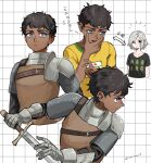  2boys armor bags_under_eyes black_eyes black_hair blue_eyes contemporary curly_hair dark-skinned_male dark_skin dungeon_meshi elf gauntlets grey_hair grid_background hand_on_own_face highres holding holding_sword holding_weapon kabru lazy_eye leather_armor male_focus mithrun multiple_boys multiple_scars notched_ear official_alternate_costume pauldrons pointy_ears rerheart scar shirt short_hair shoulder_armor single_pauldron sweatdrop sword t-shirt uneven_eyes wavy_hair weapon 