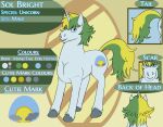  2021 bangs blonde_mane blue_eyes close-up cloven_hooves cutie_mark digital_drawing_(artwork) digital_media_(artwork) english_text equid equine facial_scar fan_character feral flat_colors fur green_mane green_tail grey_hooves hasbro hi_res hooves horn looking_at_viewer male mammal mane model_sheet multicolored_mane multicolored_tail muscular muscular_feral muscular_male my_little_pony mythological_creature mythological_equine mythology pink_tongue rear_view scar skywater smile smiling_at_viewer sol_bright solo standing tail text tongue unicorn white_body white_fur white_horn yellow_tail 