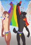  2020 absurd_res anthro black_body black_fur black_pupils black_tail blue_eyes bulge canid canine canis clothed clothing domestic_dog duo fist floppy_ears fur hi_res holding_object justin_turner lgbt_pride male mammal multicolored_clothing navel open_mouth outside pride_colors rainbow_clothing shiuk teeth text tongue topless url wolf 