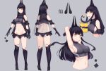  1girl armpits arms_behind_head ass bare_shoulders black_gloves black_hair black_panties bow bow_panties breasts bustier butt_crack character_sheet chips claws covered_nipples donggua_bing_cha eating food full_body gloves grey_background highres horns large_breasts long_hair looking_at_viewer multiple_views navel open_mouth original panties potato_chips prehensile_hair standing stomach thighhighs underwear yellow_eyes 