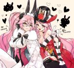  2girls :3 :d \n/ ameshiki animal_ear_fluff animal_ears bare_shoulders black_bow black_choker black_hat black_ribbon black_thighhighs bow breasts brown_background choker cleavage cloak coat commentary_request ears_through_headwear fate/grand_order fate_(series) feet_out_of_frame fox_ears fox_girl fur-trimmed_cloak fur_trim glasses gloves hair_between_eyes hair_ribbon hand_up hat heart highres koyanskaya_(assassin)_(second_ascension)_(fate) koyanskaya_(fate) koyanskaya_(foreigner)_(second_ascension)_(fate) long_hair long_sleeves looking_at_viewer multiple_girls off_shoulder open_mouth pantyhose pink_hair rabbit rabbit_ears red_coat ribbon shirt simple_background single_thighhigh smile tamamo_(fate) thighhighs top_hat translation_request twintails underbust very_long_hair white_cloak white_gloves white_pantyhose wide_sleeves yellow_eyes 