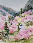  akemisuisai building cherry_blossoms day foliage forest grass highres hill house impressionism landscape mountain nature no_humans original painting_(medium) scenery spring_(season) traditional_media tree watercolor_(medium) 