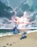  animal_focus aruco_co beach blue_skin cloud cloudy_sky colored_skin forked_tail highres horizon horns lapras no_humans outdoors pokemon pokemon_(creature) sand shell single_horn sky sunlight tail vaporeon 