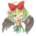  1girl :d ahoge bird_legs bow breasts brown_wings character_request chibi clothing_cutout commentary_request feathered_wings full_body green_hair hair_bow harpy hop_step_jumpers leotard lets0020 looking_at_viewer medium_bangs monster_girl navel navel_cutout one_eye_closed open_mouth red_bow short_hair sideless_outfit simple_background small_breasts smile solo teeth upper_teeth_only white_background wings yellow_eyes yellow_leotard 