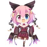  1girl :d black_bow blue_eyes blush boots bow breasts brown_footwear brown_shirt character_request chibi chinese_knot cleavage commentary_request dual_wielding fang full_body fur-trimmed_boots fur_trim gun hair_between_eyes hair_bow handgun heterochromia holding hop_step_jumpers layered_skirt lets0020 long_sleeves looking_at_viewer medium_bangs medium_breasts obi off-shoulder_shirt off_shoulder open_mouth pink_eyes pink_hair red_bow red_sash red_skirt sash shirt simple_background skirt smile solo standing standing_on_one_leg transparent_background v-shaped_eyebrows vertical-striped_sash weapon wide_sleeves 