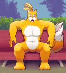  2024 5_fingers 5_toes abs angry_eyebrows anthro bench black_nose blue_eyes canid canine featureless_crotch feet fingers fox male mammal miles_prower muscular open_mouth sega sitting solo sonic_the_hedgehog_(series) tails_gets_trolled toes vaporotem 