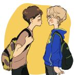  2boys backpack bag blonde_hair blush brown_eyes brown_hair closed_eyes commentary cookio english_commentary from_side imminent_kiss looking_at_another male_focus multiple_boys original pants shirt short_hair simple_background yaoi 
