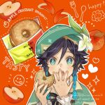  1boy androgynous apple apple_slice aqua_eyes arms_up beret black_hair blue_hair blush braid cape collared_cape doughnut english_text flower food fork frilled_sleeves frills fruit genshin_impact gradient_hair green_cape green_hat hat hat_flower highres holding holding_food looking_at_viewer misoshiru_umai4 multicolored_hair open_mouth red_apple red_background shirt short_hair_with_long_locks smiley_face solo spoon star-shaped_pupils star_(symbol) symbol-shaped_pupils twin_braids upper_body venti_(genshin_impact) watermark white_flower white_shirt 