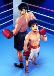  2boys black_hair boxer boxing_gloves boxing_ring boxing_shorts brown_eyes from_above hajime_no_ippo looking_at_viewer looking_back makunouchi_ippo male_focus multiple_boys muscular muscular_male open_mouth pompadour short_hair shorts smile takamura_mamoru teeth toned toned_male topless_male upper_teeth_only yorita_(kick_knock) 