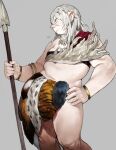  1girl absurdres animal_ears bracelet dungeon_meshi female_orc grey_background grey_hair hand_on_own_hip highres holding holding_polearm holding_weapon jewelry leed_(dungeon_meshi) looking_to_the_side necklace orc p_(pm_611a) pelt pig_ears pig_nose plump polearm simple_background snout solo spear thighs tooth_necklace weapon 
