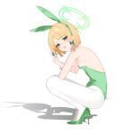  1girl absurdres animal_ears blonde_hair blue_archive blush breasts fake_animal_ears fake_tail from_side green_eyes green_footwear green_halo green_leotard halo high_heels highres leotard looking_at_viewer midori_(blue_archive) open_mouth pantyhose rabbit_ears rabbit_tail rui_p short_hair simple_background small_breasts smile solo squatting strapless strapless_leotard tail v white_background white_pantyhose wrist_cuffs 