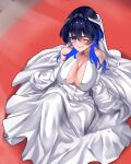  1girl absurdres alternate_costume bare_shoulders blue_eyes blue_hair blush breasts bridal_veil bride cleavage dress hair_intakes highres hololive hololive_english koizumi_arata large_breasts looking_at_viewer one_eye_closed ouro_kronii short_hair solo veil virtual_youtuber wedding_dress 