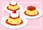  absurdres cherry food food_focus fruit gyuunyuu_oume highres no_humans original pink_background plate pudding whipped_cream 