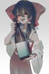  1girl absurdres blush bottle bow brown_hair detached_sleeves hair_bow hair_tubes hakurei_reimu highres holding holding_bottle long_hair looking_at_viewer open_mouth red_bow red_eyes red_skirt simple_background skirt smile sokura_(mochichitose) solo touhou white_background white_sleeves wine_bottle 