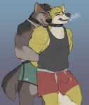  anthro better_version_at_source bodily_fluids breath bulge canid canine canis clothing collar cooper_krager duo hands_behind_back hi_res horrorbuns male male/male mammal patsy_(remember_the_flowers) scar shirt sweat tail tank_top topwear wolf wrestling 