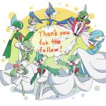  1other 3boys 5girls alternate_color arm_blade arm_up arms_up black_sclera blue_hair blue_skin blunt_bangs bob_cut bowl_cut colored_sclera colored_skin commentary_request english_commentary english_text evolutionary_line flat_chest full_body gallade gardevoir green_hair green_skin grey_hair hair_between_eyes hair_over_one_eye hand_up happy holding holding_pokemon humanoid_robot iron_valiant joints kirlia kneeling leg_up medium_hair milestone_celebration mixed-language_commentary mohawk monya multicolored_hair multicolored_skin multiple_boys multiple_girls one_eye_closed one_eye_covered open_mouth orange_eyes outstretched_arm outstretched_arms own_hands_together partial_commentary pokemon pokemon_(creature) ralts red_eyes red_hair robot robot_joints shiny_and_normal shiny_pokemon short_hair sidelocks sitting smile spread_arms standing standing_on_one_leg steepled_fingers talking thank_you twintails two-tone_hair two-tone_skin v_arms weapon white_skin 