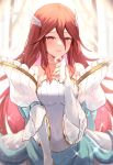  1girl blush bride_(fire_emblem) commentary_request cordelia_(bridal)_(fire_emblem) cordelia_(fire_emblem) dress fingernails fire_emblem fire_emblem_awakening fire_emblem_heroes hair_between_eyes hair_ornament highres jewelry long_hair nakabayashi_zun official_alternate_costume pink_nails red_eyes red_hair revision ring smile solo very_long_hair wedding_dress white_dress wing_hair_ornament 
