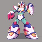  1boy android arm_cannon armor english_commentary forehead_jewel full_body green_eyes grey_background helmet highres male_focus mega_man_(series) mega_man_x2 mega_man_x_(series) second_armor_x_(mega_man) shoulder_armor solo surrealmason weapon white_armor white_footwear white_helmet x_(mega_man) x_buster 
