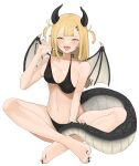  1girl :d absurdres adjusting_clothes adjusting_strap adjusting_swimsuit black_nails blonde_hair chinese_zodiac commentary_request crossed_ankles dragon_girl dragon_horns dragon_tail dragon_wings fangs grabbing_own_tail gyaru hair_ornament hairclip highres horns indian_style long_hair mameroku nail_polish navel open_mouth original simple_background sitting slit_pupils smile solo swimsuit tail teeth toenail_polish toenails tongue tongue_out two_side_up white_background wings year_of_the_dragon yellow_eyes 