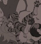 amber_eyes anthro big_butt black_body black_fur black_pawpads blep breasts brown_body brown_fur butt casual_nudity claws curled_tail curled_up digitigrade featureless_crotch feet felid feline female flora_(twokinds) foot_focus fur hair hi_res keidran leg_markings legs_up lying mammal markings multicolored_body multicolored_fur nude on_back orange_body orange_fur pantherine pawpads paws plant pocket_fluff small_breasts smile soles solo spread_toes stripes tail tail_markings tail_tuft tiger toe_claws toes tongue tongue_out tree tuft twokinds white_body white_fur
