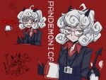  1girl black_gloves black_horns black_jacket black_tail breasts business_suit clipboard closed_mouth coffee coffee_mug collared_shirt cup curly_hair demon_girl demon_horns demon_tail eyebrows_visible_through_hair formal glasses gloves helltaker highres holding holding_cup horns jacket long_sleeves looking_at_viewer medium_breasts medium_hair monster_girl mug naui_kudan pandemonica_(helltaker) pen ponytail red_background red_eyes red_shirt shirt short_hair simple_background small_breasts solo steam suit tail upper_body white_hair 