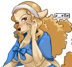  2022 5_fingers anthro areola artist_name big_breasts blonde_hair blue_bottomwear blue_clothing blue_topwear blush blush_lines bottomwear bow_(feature) breasts brown_eyebrows brown_eyes brown_nose canid canine canis cleavage clothed clothed_anthro clothed_female clothing convenient_censorship domestic_dog eyebrows eyelashes female female_anthro fingers fur hair hi_res long_hair looking_at_viewer mammal mouth_closed one_piece philtrum pink_areola simple_background snout solo tail tan_body tan_ears tan_fur tan_tail topwear under_boob wanda_(one_piece) white_background white_hairband x_e11e 