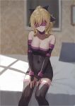  1girl absurdres bed_sheet black_thighhighs blonde_hair blurry blurry_background bracelet breasts breasts_squeezed_together choker cleavage closed_mouth collarbone commentary_request covered_navel cushion detached_sleeves dress fate/stay_night fate_(series) freedomexvss highres impossible_clothes impossible_dress indoors jewelry katawa_shoujo knees_together_feet_apart large_breasts linea_alba long_hair on_bed painting_(object) ponytail purple_blindfold satou_lilly shadow short_dress sidelocks sitting smile solo thighhighs very_long_hair zettai_ryouiki 