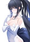  1girl bare_shoulders black_hair blue_archive blue_eyes breasts chinese_commentary choker cleavage collarbone commentary_request covered_navel dress earrings elbow_gloves gloves hair_ornament highres jewelry large_breasts long_hair looking_at_viewer official_alternate_costume ponytail saori_(blue_archive) saori_(dress)_(blue_archive) sidelocks simple_background solo standing touxing_no_diluka very_long_hair white_background white_choker white_dress white_gloves 