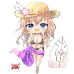  1girl bikini black_bikini black_footwear blue_eyes blush bracelet breasts character_request chibi circlet cleavage commentary_request crab cube full_body gold hands_on_own_cheeks hands_on_own_face hat hop_step_jumpers jewelry large_breasts lets0020 light_brown_hair long_hair looking_at_viewer open_mouth planted_surfboard purple_sarong sandals sarong simple_background solo straw_hat sun_hat surfboard swimsuit transparent_background wavy_hair 