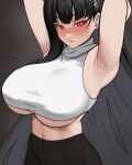  1girl armpits arms_behind_head black_background blue_archive breasts covered_navel hair_ornament hairclip highres long_hair looking_at_viewer midriff nsd_(neangsadu) red_eyes rio_(blue_archive) simple_background solo turtleneck underboob variant_set very_long_hair 