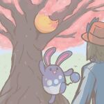  1boy :3 azumarill black_eyes blue_jacket braixen brown_hair calem_(pokemon) cherry_blossoms commentary_request day facing_away fox_tail gardear058 happy hat hide_and_seek in_tree jacket jaggy_lines jumping long_sleeves looking_at_another motion_lines open_mouth outdoors pointing pointing_up pokemon pokemon_(creature) pokemon_xy red_hat short_hair smile standing tail tree 