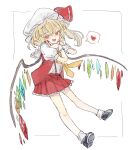  1girl ascot bat_wings blonde_hair crystal flandre_scarlet full_body hat hat_ribbon heart mob_cap multicolored_wings one_side_up osakanadream puffy_short_sleeves puffy_sleeves red_eyes red_skirt red_vest ribbon short_sleeves side_ponytail skirt skirt_set solo touhou vest white_hat wings yellow_ascot 