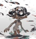  1girl agent_8_(splatoon) air_bubble artist_name bare_shoulders black_hair black_lips bodysuit boots breasts bubble collarbone dark-skinned_female dark_skin english_commentary floating_hair full_body hair_over_one_eye hanako515_ika highres long_hair octoling octoling_girl octoling_player_character on_one_knee one_eye_covered school_of_fish sleeveless sleeveless_bodysuit small_breasts socks solo splatoon_(series) splatoon_3 splatoon_3:_side_order suction_cups tentacle_hair white_background white_bodysuit white_eyes white_footwear white_socks wide-eyed 