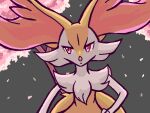  1girl animal_ear_fluff animal_ears backlighting body_fur braixen cherry_blossoms commentary_request flat_chest fox_ears fox_girl fox_tail furry furry_female gardear058 grey_background jaggy_lines looking_to_the_side neck_fur petals pokemon pokemon_(creature) red_eyes solo standing stick tail tree two-tone_fur upper_body white_fur yellow_fur 