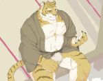  2020 anthro asian_clothing belly clothing east_asian_clothing felid fundoshi humanoid_hands japanese_clothing kemono male mammal navel nogitu overweight overweight_male pantherine robe scar sitting solo tiger underwear 