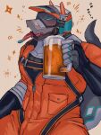 alcohol anothereidos_of_dragon_vein_r anthro beer beverage blue_body blue_scales clothing cybernetics cyborg eyes_closed eyewear fingerless_gloves gloves goggles goggles_on_face grey_body grey_scales handwear hi_res jumpsuit lizard machine male mechanical_jaw orange_jumpsuit reptile rrrr20251107 sarutobi_(anothereidos_r) scales scalie solo tipsy white_body white_scales