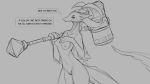  16:9 2020 anthro breasts dialogue dragon english_text female genitals grey_background hammer horn large_hammer looking_at_viewer melee_weapon monochrome nipples nude pussy scalie simple_background solo talking_to_viewer text tools watsup weapon widescreen 