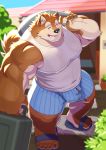  2020 anthro barazoku belly black_nose bulge canid canine canis clothing detailed_background domestic_dog footwear genitals hi_res humanoid_hands kemono male mammal matotoma one_eye_closed outside penis sandals shirt solo topwear underwear wink 