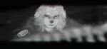  absurd_res anthro banguela biped blurred_background canid clothed clothing curled_hair digital_media_(artwork) digital_painting_(artwork) fur_clothing hair hi_res looking_at_viewer male mammal monochrome portrait serious short_hair solo tagme 