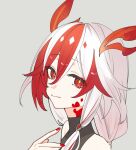  1girl bare_shoulders closed_mouth fu_hua fu_hua_(fenghuang_of_vicissitude) grey_background hair_between_eyes hand_up honkai_(series) honkai_impact_3rd long_hair looking_at_viewer multicolored_hair nail_polish portrait red_eyes red_hair red_nails sho_2nini simple_background solo two-tone_hair white_hair 