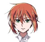  1girl bad_id bad_twitter_id clenched_teeth collared_shirt delfuze green_eyes hatori_chise looking_at_viewer mahou_tsukai_no_yome portrait red_hair shirt simple_background solo teeth white_background white_shirt wing_collar 