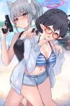  2girls absurdres animal_ear_fluff animal_ears ayane_(blue_archive) ayane_(swimsuit)_(blue_archive) beach bikini black_hair black_one-piece_swimsuit blue_archive blue_bikini blue_eyes blue_halo blue_shorts blush breasts cleavage collarbone competition_swimsuit cross_hair_ornament day extra_ears glasses grey_hair gun hair_ornament halo highres holding holding_gun holding_weapon jacket long_sleeves medium_breasts medium_hair mi_taro333 mismatched_pupils multiple_girls navel ocean official_alternate_costume one-piece_swimsuit open_clothes open_jacket open_mouth outdoors pointy_ears red-framed_eyewear red_halo shaded_face shiroko_(blue_archive) shiroko_(swimsuit)_(blue_archive) short_hair shorts smile striped_bikini striped_clothes swimsuit weapon white_jacket wolf_ears yellow_eyes 