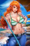  1girl arm_tattoo artist_name ayya_sap bare_shoulders bikini bikini_top_only commentary denim earrings english_commentary english_text green_bikini holding holding_polearm holding_weapon jeans jewelry log_pose long_hair looking_at_viewer midriff nami_(one_piece) navel one_piece orange_eyes orange_hair outdoors pants pearl_earrings polearm realistic smile solo swimsuit tattoo teeth watermark weapon web_address 