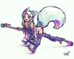  &gt;:) 1girl animal_ear_fluff animal_ears anti-materiel_rifle black_sleeves black_thighhighs detached_sleeves dress facial_mark fang floofsmear fluffy fox_ears fox_girl fox_tail gun highres holding holding_gun holding_weapon kitsune large_tail long_eyelashes long_hair looking_at_viewer multicolored_hair open_mouth ptrs-41 red_eyes rifle sewayaki_kitsune_no_senko-san shiro_(sewayaki_kitsune_no_senko-san) short_eyebrows simple_background smile smug sniper_rifle solo strapless strapless_dress tail tail_raised thick_eyebrows thick_outlines thighhighs v-shaped_eyebrows weapon whisker_markings white_background white_hair 
