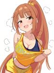  1girl absurdres arm_at_side armpits blush breasts brown_eyes cleavage collarbone commentary_request hair_ornament head_tilt highres idolmaster idolmaster_cinderella_girls long_hair looking_at_viewer medium_breasts midriff navel_peek open_mouth orange_hair ponytail raised_eyebrow shirt_tug shorts sidelocks simple_background sleeveless smile solo sports_bra star_(symbol) star_hair_ornament steam steaming_body supman1122 sweat sweaty_clothes tank_top teasing very_long_hair wakabayashi_tomoka white_background 