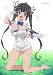  1girl arm_ribbon bare_legs barefoot bell black_hair blue_bow blue_bowtie blue_eyes blue_ribbon blunt_bangs bow bowtie breasts breasts_squeezed_together cleavage cleavage_cutout clothing_cutout contrapposto covered_navel deep_skin dress dungeon_ni_deai_wo_motomeru_no_wa_machigatteiru_darou_ka elbow_gloves full_body gloves grass hair_bell hair_ornament hair_ribbon hestia_(danmachi) kneeling large_breasts light_blush long_hair looking_at_viewer on_grass open_mouth pencil_dress rei_no_himo ribbon short_dress sleeveless sleeveless_dress smile sparkle strap_pull twintails v_over_eye virus-g w white_background white_dress white_gloves 