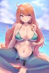  1girl beach bikini bikini_under_clothes blue_pants blue_sky bracelet breasts brown_eyes cleavage clenched_hand closed_mouth cloud cloudy_sky day denim earrings green_bikini hand_up highres jeans jewelry kazukoto large_breasts long_hair nami_(one_piece) ocean one_piece open_fly orange_hair outdoors pants pearl_earrings pirate_ship sitting sky smile solo sunlight swimsuit 